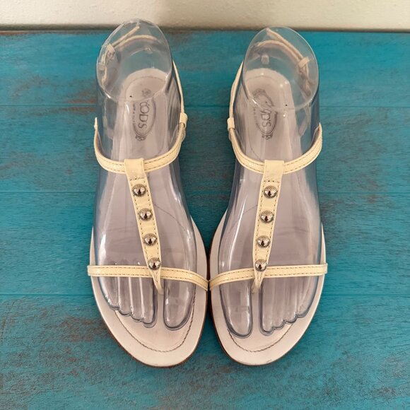 Tod's White Leather T-Strap Sandals With Stud Accents Size 7.5 - Picture 1 of 10